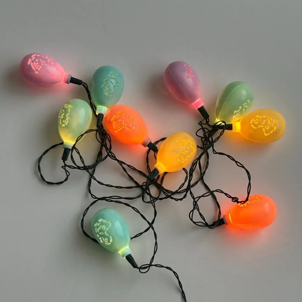 Happy Easter Blow Mold 10 Egg String Light Set Chick Duck Cutout Plastic Vintage